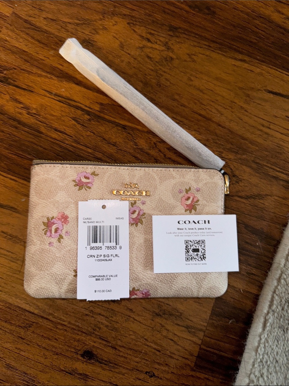 Coach Pink Floral Signature Zip Wristlet with Gold Hardware